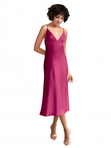 Outlet Stretch Satin V-Neck Sleeveless Low Back Midi Length Formal Evening Dress