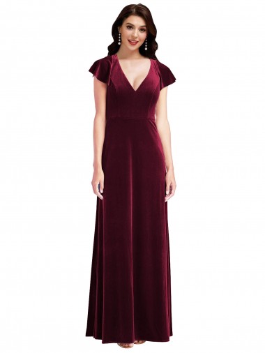 Outlet Stretch Velvet V-Neck Flutter Sleeves Long Semi Formal Evening Dress