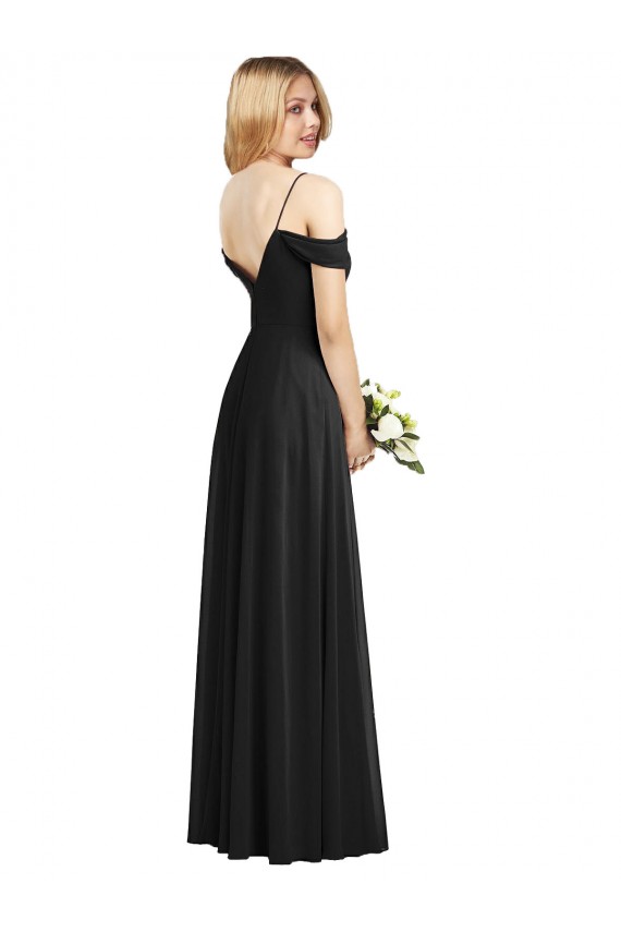 Outlet Soft Chiffon Spaghetti Straps Cold Shoulder Black Long Semi Formal Evening Dress