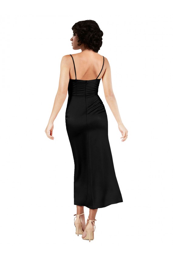 Outlet Silky Satin Spaghetti Straps Sleeveless Tea Length Formal Evening Dress
