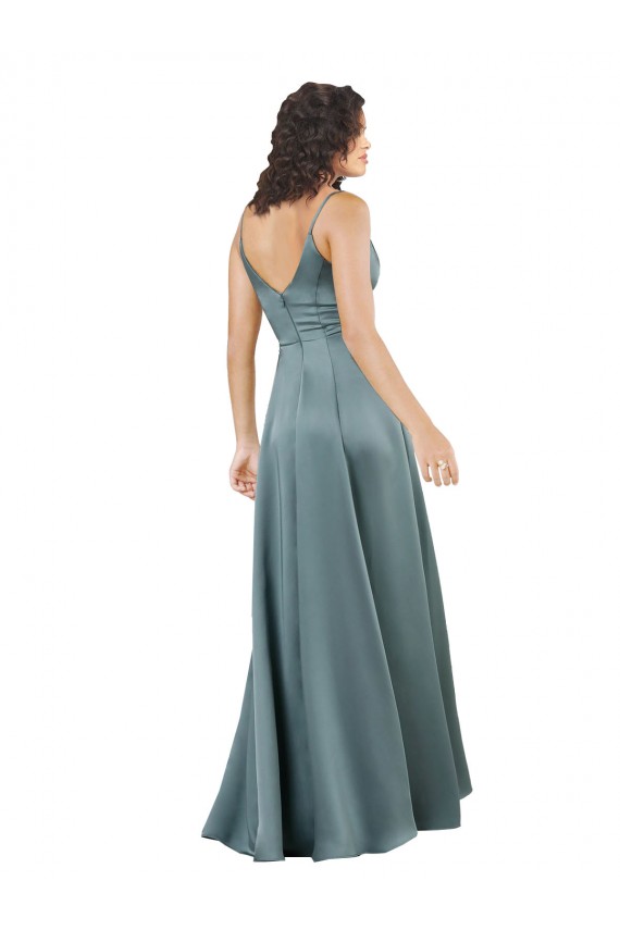 Outlet Silky Satin V-Neck Sleeveless V-Back Black Long Formal Evening Dress
