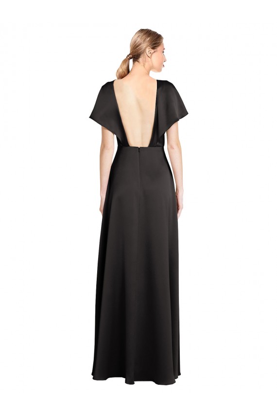 Outlet Stretch Satin V-Neck Cap Sleeves Open Back Long Evening Dress