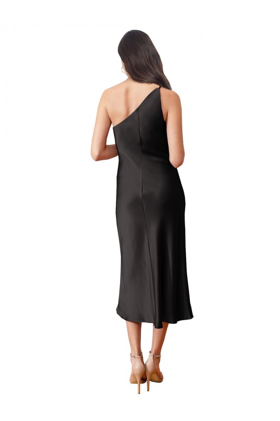 Outlet Stretch Satin One Shoulder Sleeveless Black Midi Length Black Tie Evening Dress