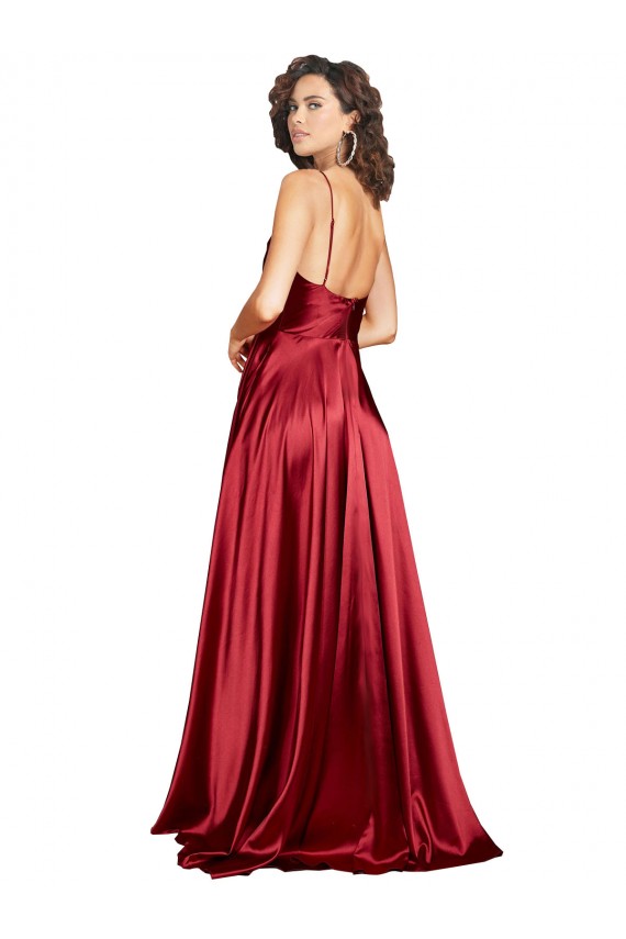 Outlet Silky Satin Spaghetti Straps Sleeveless Low Back Burgundy Long Black Tie Evening Dress