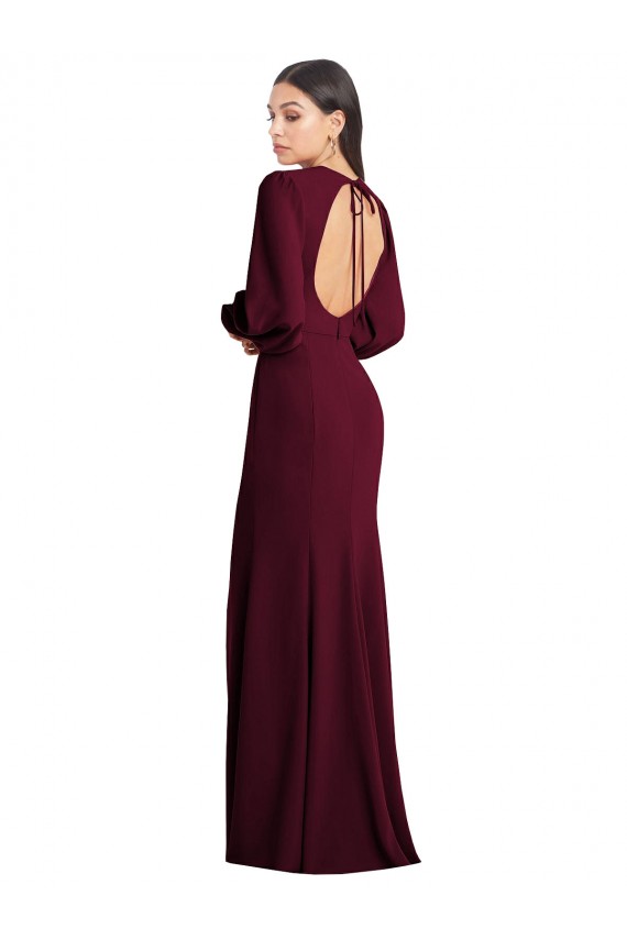 Outlet Stretch Crepe Bateau Neck Puff Sleeves Open Back Long Formal Dress