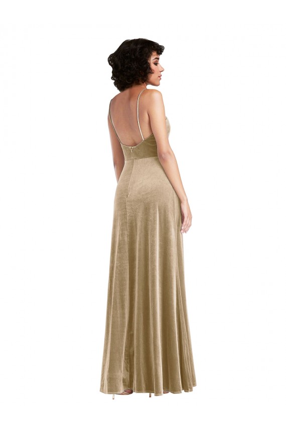 Outlet Stretch Velvet Square Neck Sleeveless Low Back Champagne Long Formal Evening Dress
