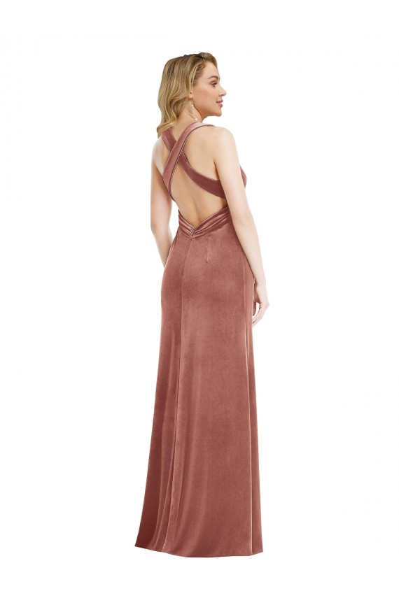 Outlet Stretch Velvet V-Neck Sleeveless Open Back Long Evening Dress