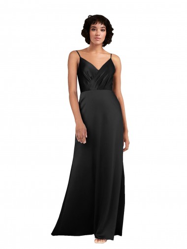 Outlet Silky Satin V-Neck Sleeveless Black Long Formal Evening Dress