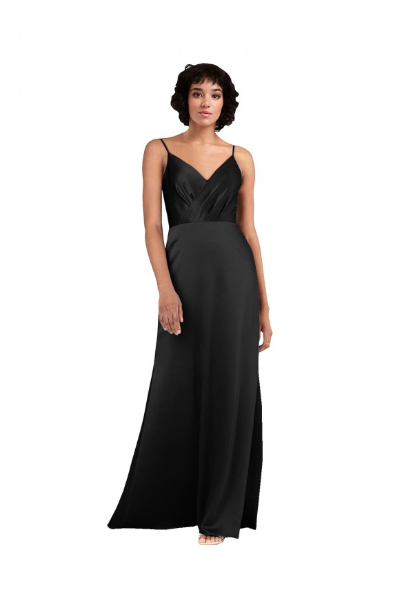 Outlet Silky Satin V-Neck Sleeveless Black Long Formal Evening Dress