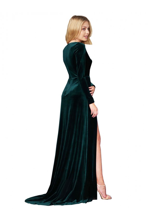 Outlet Stretch Velvet V-Neck Long Sleeves Sweep Train Black Tie Evening Dress