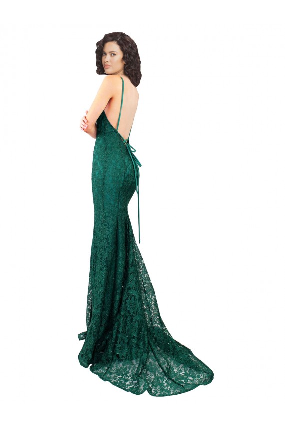 Outlet Lace V-Neck Sleeveless Open Back Long Black Tie Evening Dress