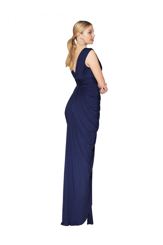 Outlet Soft Chiffon V-Neck Sleeveless V-Back Dark Navy Long Formal Evening Dress
