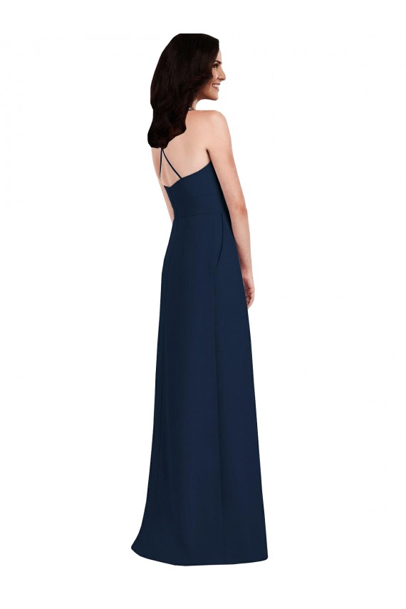 Outlet Stretch Crepe Halter Neck Sleeveless Open Back Dark Navy Long Semi Formal Evening Dress