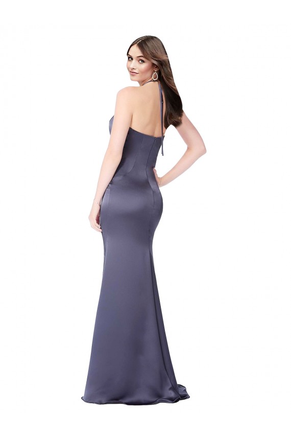 Outlet Silky Satin Halter Neck Sleeveless Low Back Dusk Long Formal Evening Dress