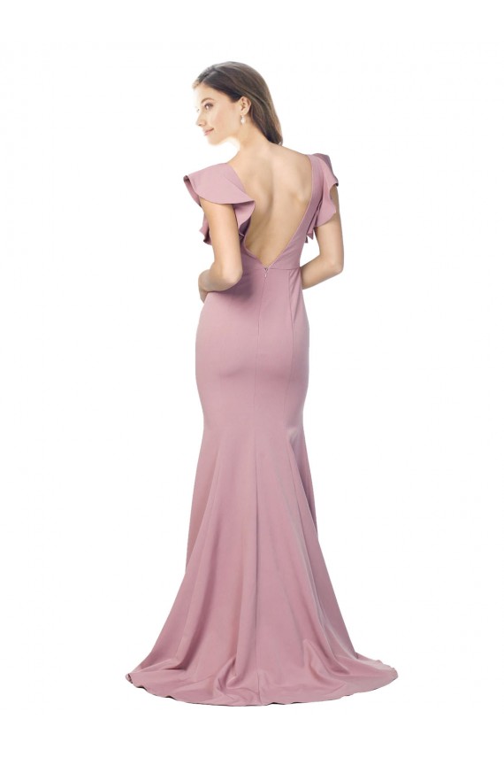 Outlet Stretch Crepe Round Neck Flutter Sleeves V-Back Sweep Train Formal Evening Dress