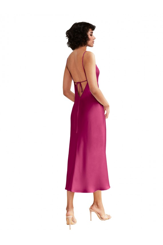 Outlet Stretch Satin V-Neck Sleeveless Low Back Midi Length Formal Evening Dress