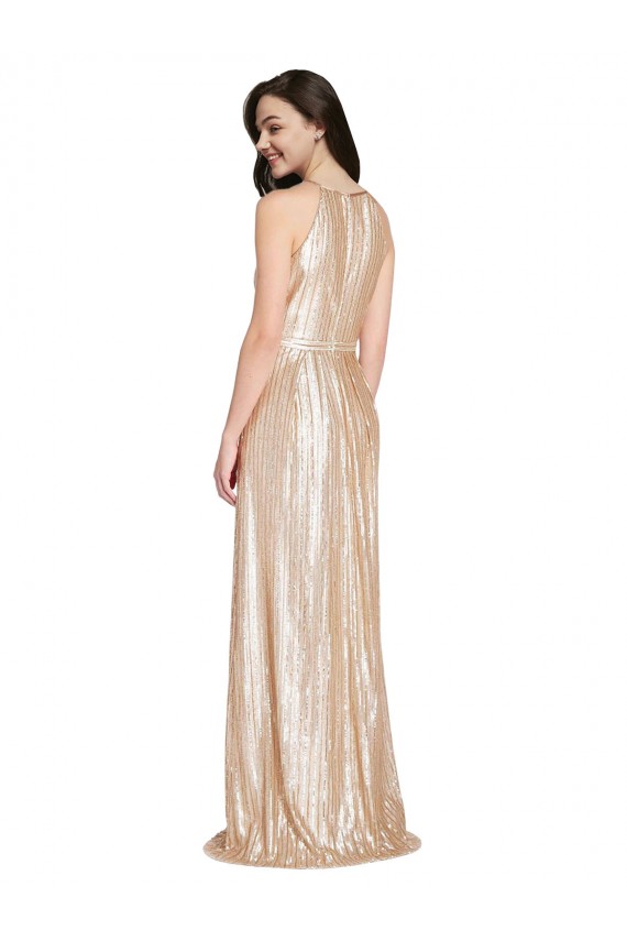 Outlet Sequin Halter Neck Sleeveless Gold Long Formal Evening Dress
