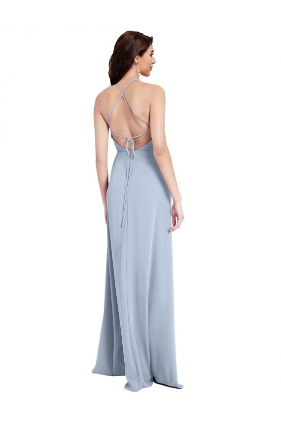 Outlet Stretch Crepe Halter Neck Sleeveless Open Back Sheath Long Formal Evening Dress