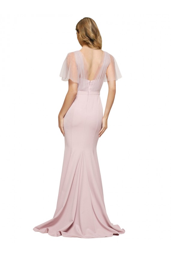 Outlet Stretch Crepe & Tulle One Shoulder Short Sleeves V-Back Long Formal Evening Dress