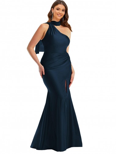 Outlet Silky Satin One Shoulder Sleeveless Dark Navy Long Plus Size Formal Evening Dress