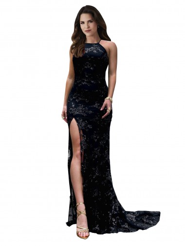 Outlet Lace High Neck Sleeveless Open Back Long Black Tie Evening Dress