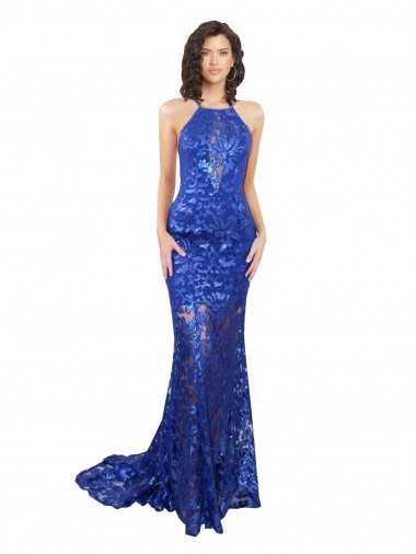 Outlet Lace High Neck Sleeveless Open Back Long Semi Formal Evening Dress