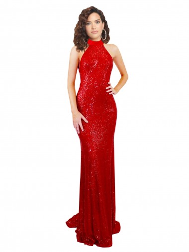 Outlet Sequin Halter Neck Sleeveless Open Back Long Formal Evening Dress