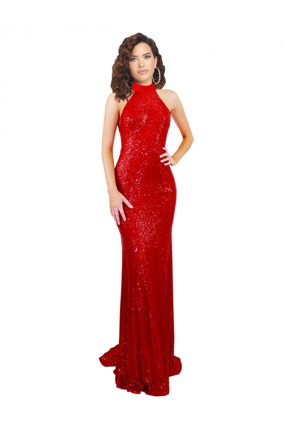 Outlet Sequin Halter Neck Sleeveless Open Back Long Formal Evening Dress