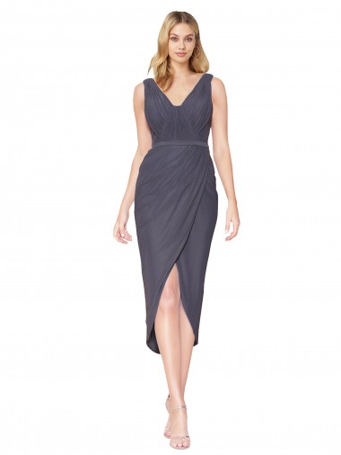 Outlet Soft Chiffon V-Neck Sleeveless V-Back Cocktail Length High Low Evening Dress