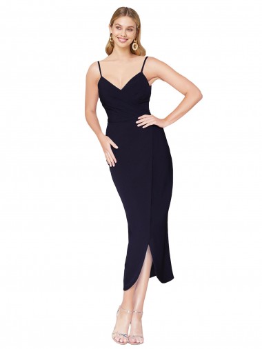 Outlet Stretch Crepe Spaghetti Straps Sleeveless V-Back Knee Length Formal Dress