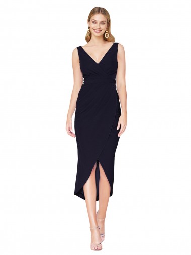 Outlet Stretch Crepe V-Neck Sleeveless Knee Length High Low Evening Dress