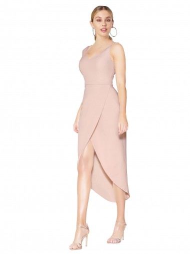 Outlet Stretch Crepe Spaghetti Straps Sleeveless V-Back Knee Length High Low Evening Dress
