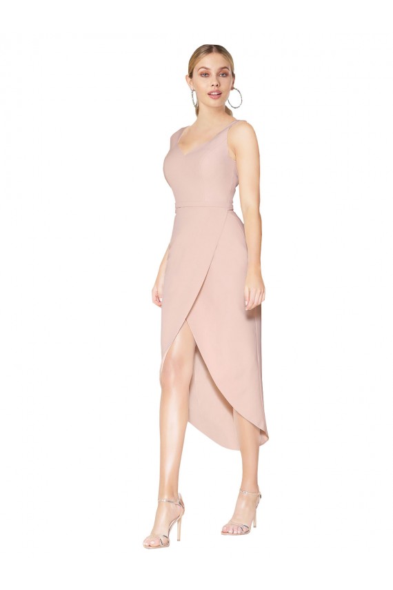 Outlet Stretch Crepe Spaghetti Straps Sleeveless V-Back Knee Length High Low Evening Dress