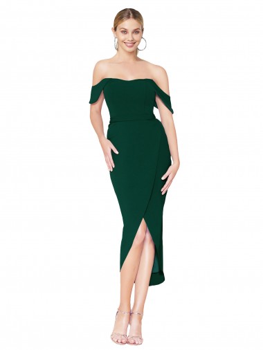 Outlet Stretch Crepe Off the Shoulder Sleeveless Knee Length High Low Evening Dress