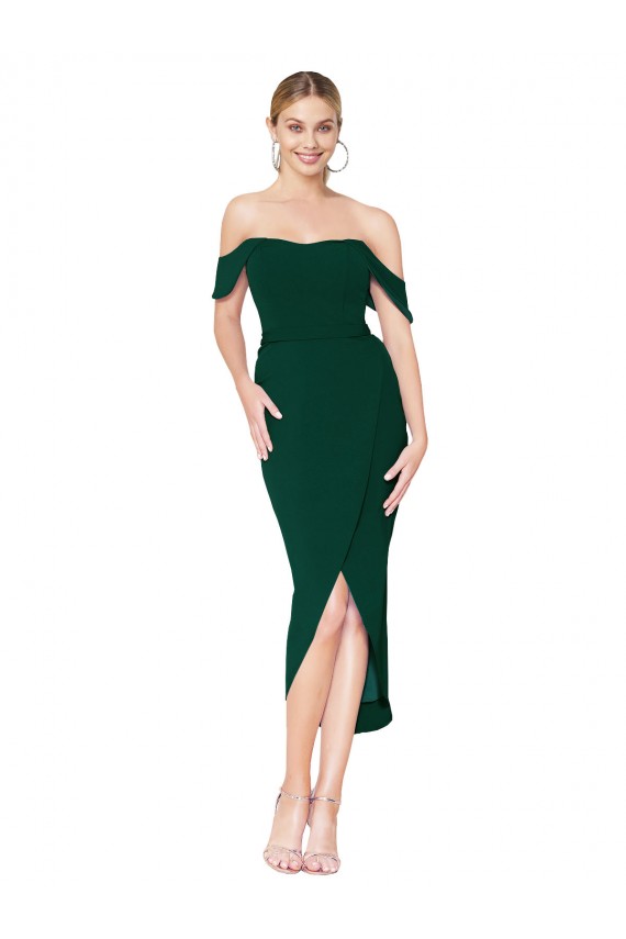 Outlet Stretch Crepe Off the Shoulder Sleeveless Knee Length High Low Evening Dress
