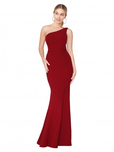 Outlet Stretch Crepe One Shoulder Sleeveless Burgundy Long Formal Evening Dress