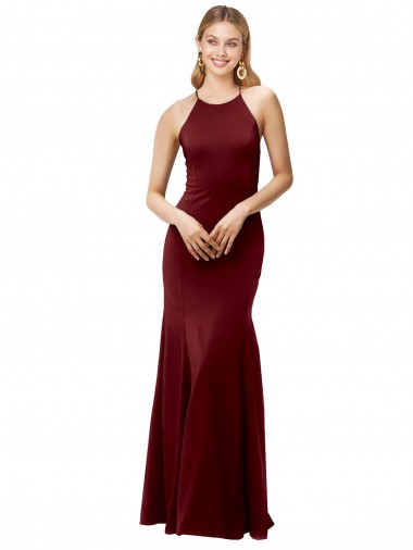 Outlet Stretch Crepe Halter Neck Sleeveless Open Back Burgundy Gold Long Formal Evening Dress