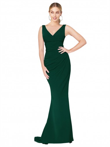 Outlet Stretch Crepe V-Neck Sleeveless Midnight Green Long Formal Evening Dress