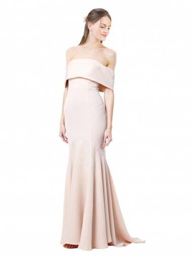 Outlet Stretch Crepe Off the Shoulder Sleeveless Nude Long Formal Evening Dress