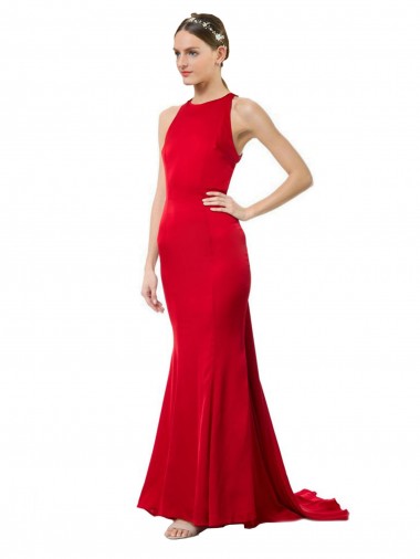 Outlet Stretch Crepe Halter Neck Sleeveless Open Back Long Formal Evening Gown