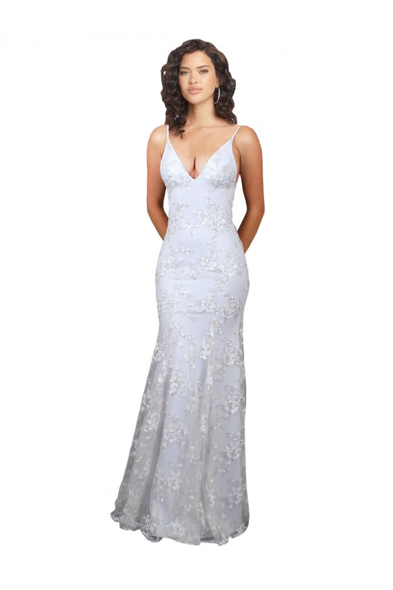 Outlet Stretch Crepe & Sequin Tulle V-Neck Sleeveless Open Back Long Formal Evening Dress