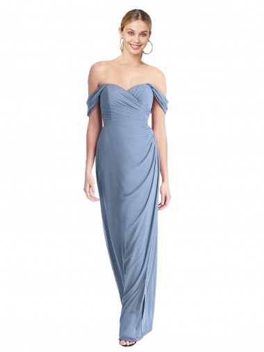 Outlet Soft Chiffon Off the Shoulder Sleeveless Low Back Dusty Blue Long Semi Formal Evening Dress