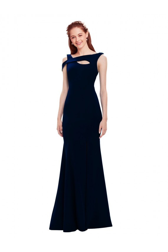 Outlet Stretch Crepe Off the Shoulder Sleeveless Dark Navy Long Formal Evening Dress