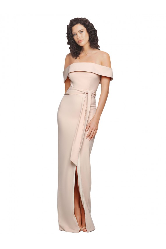 Outlet Stretch Crepe Off the Shoulder Sleeveless Low Back Nude Long Formal Evening Dress