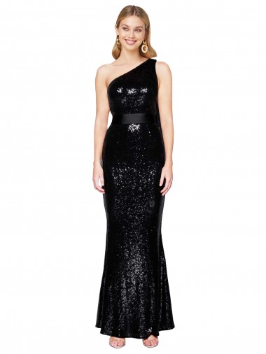 Outlet Sequin One Shoulder Sleeveless Black Long Formal Evening Dress