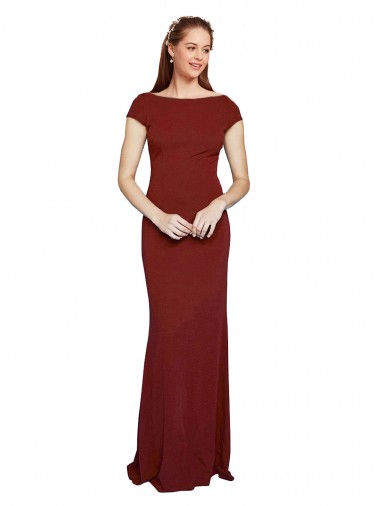 Outlet Stretch Crepe Round Neck Cap Sleeves Keyhole Back Long Formal Evening Dress