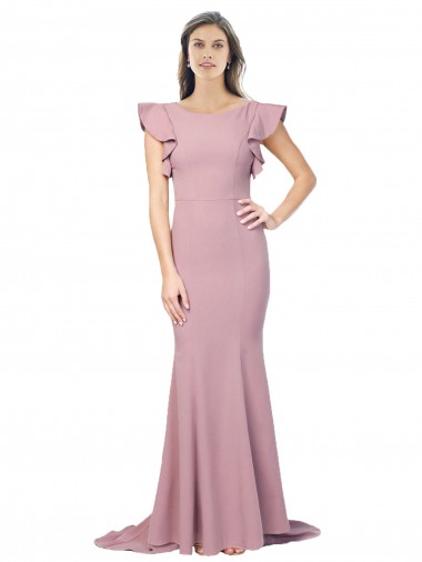 Outlet Stretch Crepe Round Neck Flutter Sleeves V-Back Sweep Train Formal Evening Dress