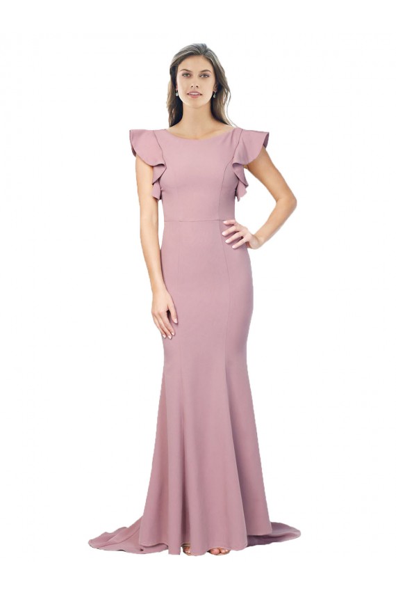 Outlet Stretch Crepe Round Neck Flutter Sleeves V-Back Sweep Train Formal Evening Dress