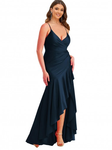 Outlet Silky Satin Spaghetti Straps Sleeveless Long High Low Plus Size Evening Dress