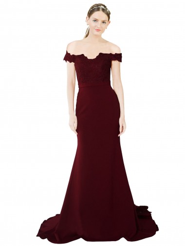 Outlet Stretch Crepe & Lace Off the Shoulder Sleeveless V-Back Sweep Train Formal Evening Dress